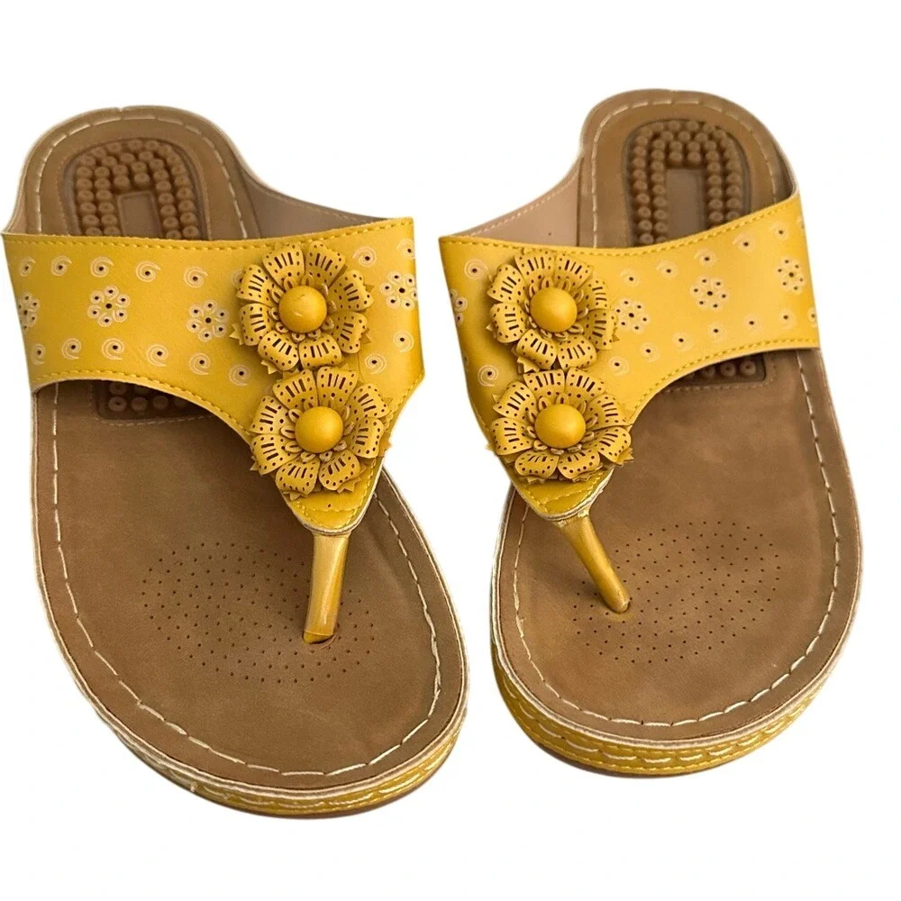 Womens Yellow Flower Thong‎ Sandals Comfort Slip On Summer Shoes